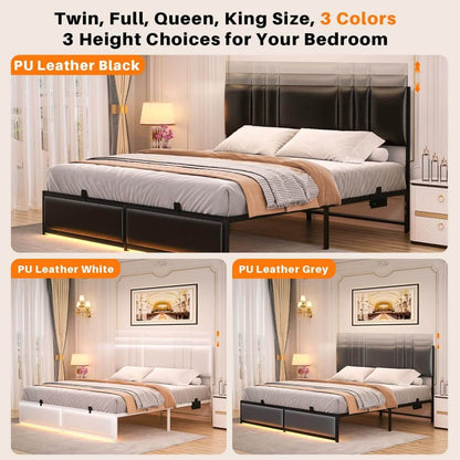 Black Bed Frame with 3 Height Adjustable Headboard, with Power Outlet & LED Light, Queen/Full/Twin Size