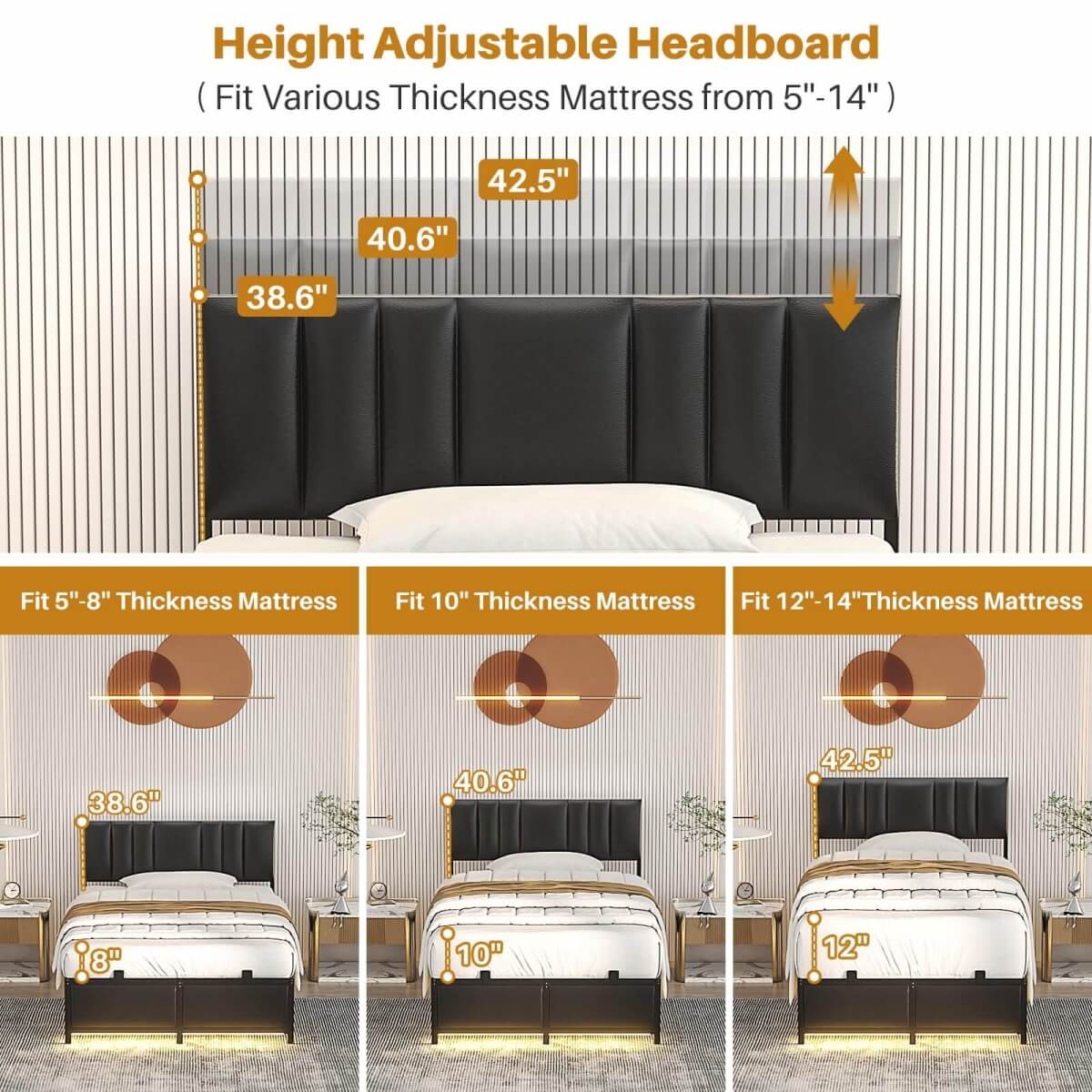 Black Bed Frame with 3 Height Adjustable Headboard, with Power Outlet & LED Light, Queen/Full/Twin Size