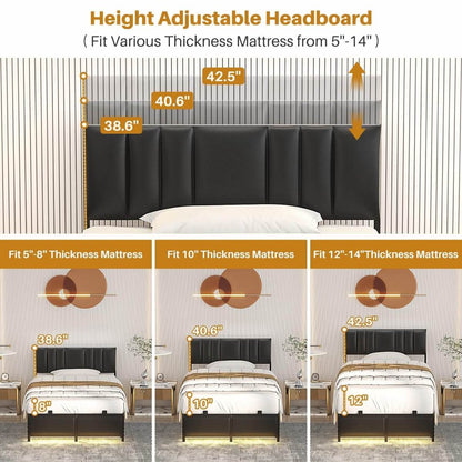 Black Bed Frame with 3 Height Adjustable Headboard, with Power Outlet & LED Light, Queen/Full/Twin Size