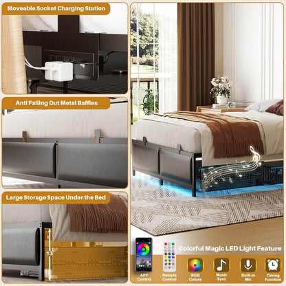 Black Bed Frame with 3 Height Adjustable Headboard, with Power Outlet & LED Light, Queen/Full/Twin Size
