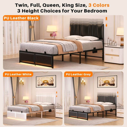 Black Bed Frame with 3 Height Adjustable Headboard, with Power Outlet & LED Light, Queen/Full/Twin Size
