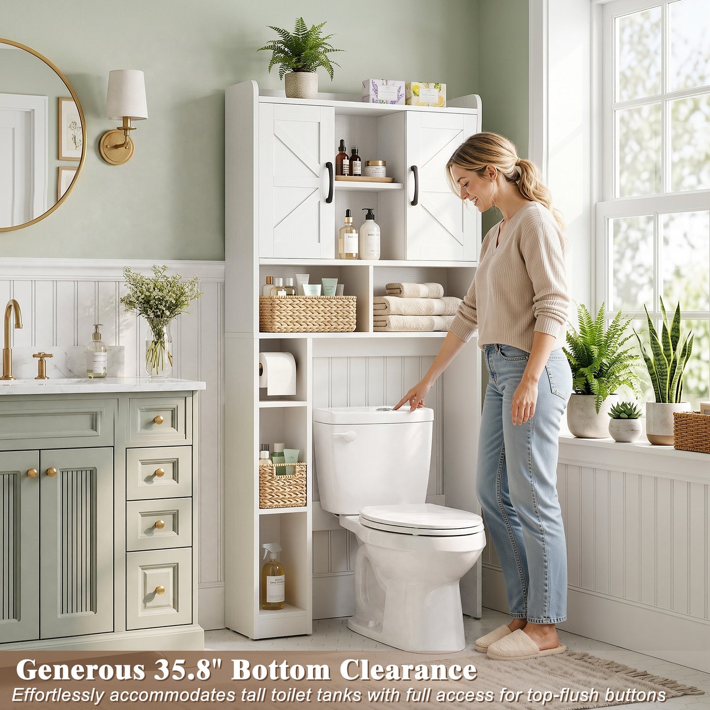 Farmhouse Over The Toilet Storage Cabinet with Barn Door, Reversible Side