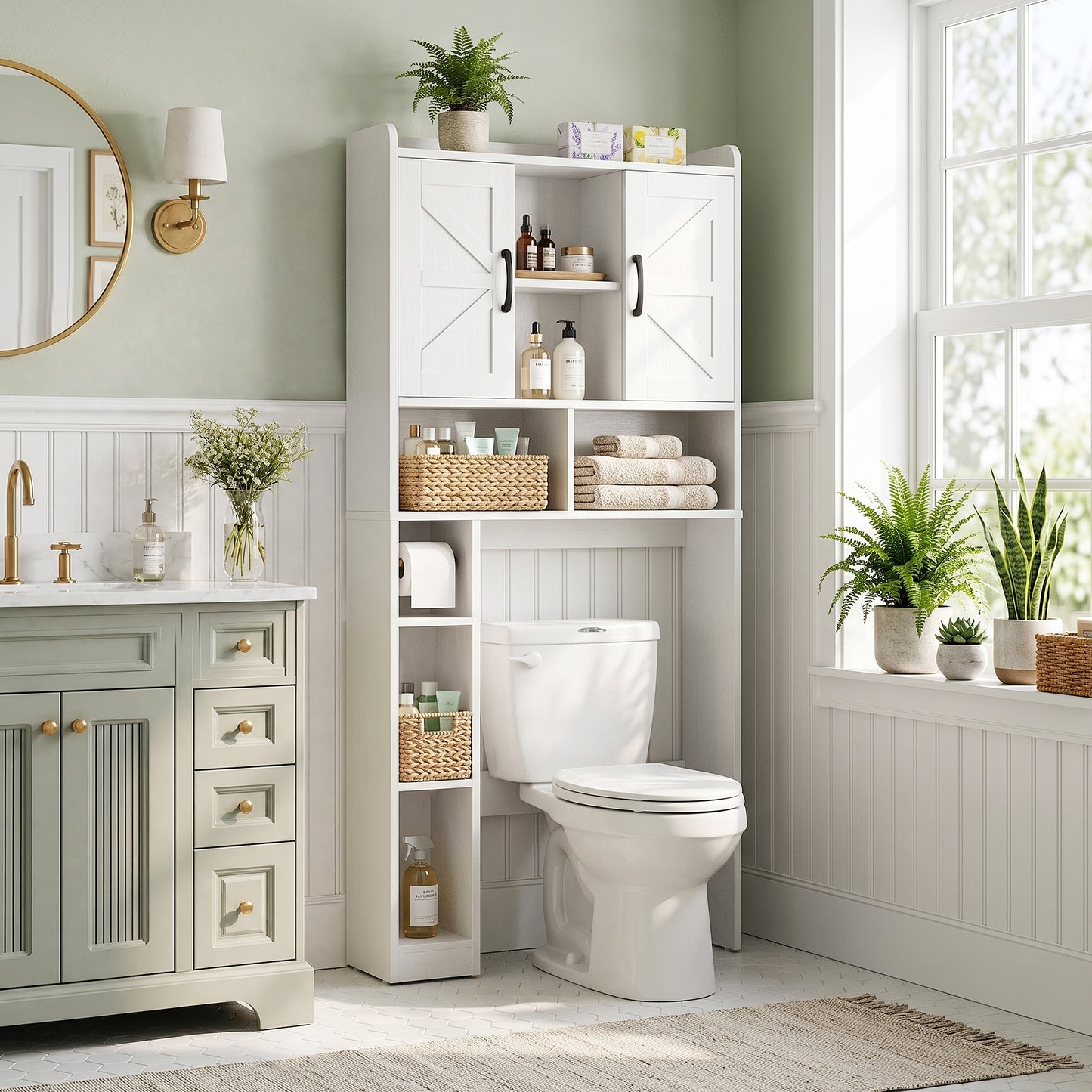 Farmhouse Over The Toilet Storage Cabinet with Barn Door, Reversible Side