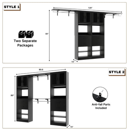 41-120 Inch Adjustable Closet System with 4 Drawers and 2 Storage Cabinets, Set of 2