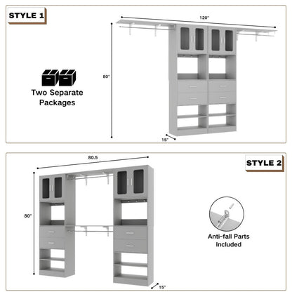 41-120 Inch Adjustable Closet System with 4 Drawers and 2 Storage Cabinets, Set of 2
