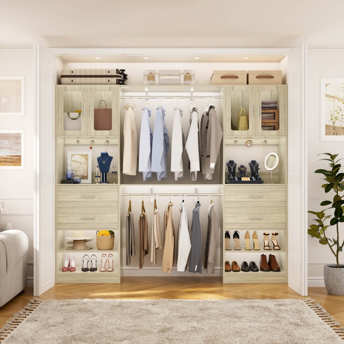 41-120 Inch Adjustable Closet System with 4 Drawers and 2 Storage Cabinets, Set of 2