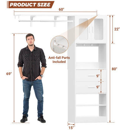 60 Inch Closet Organizer System Tower with Drawers & Big Wing Shelf