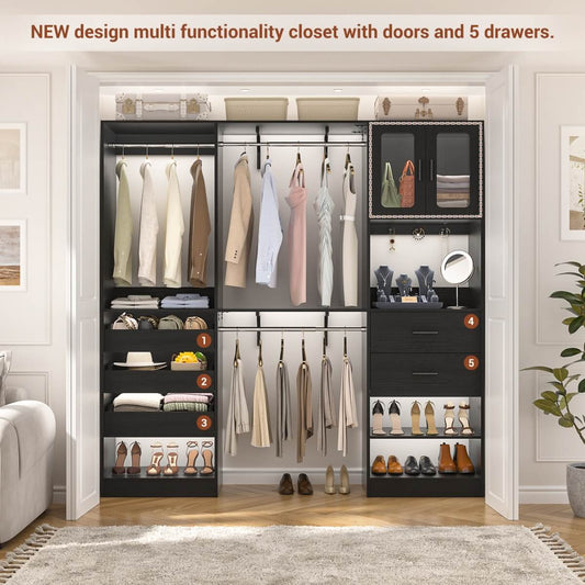 10FT Walk in Closet Organizer with 5 Drawers & 3 Hanging Rods
