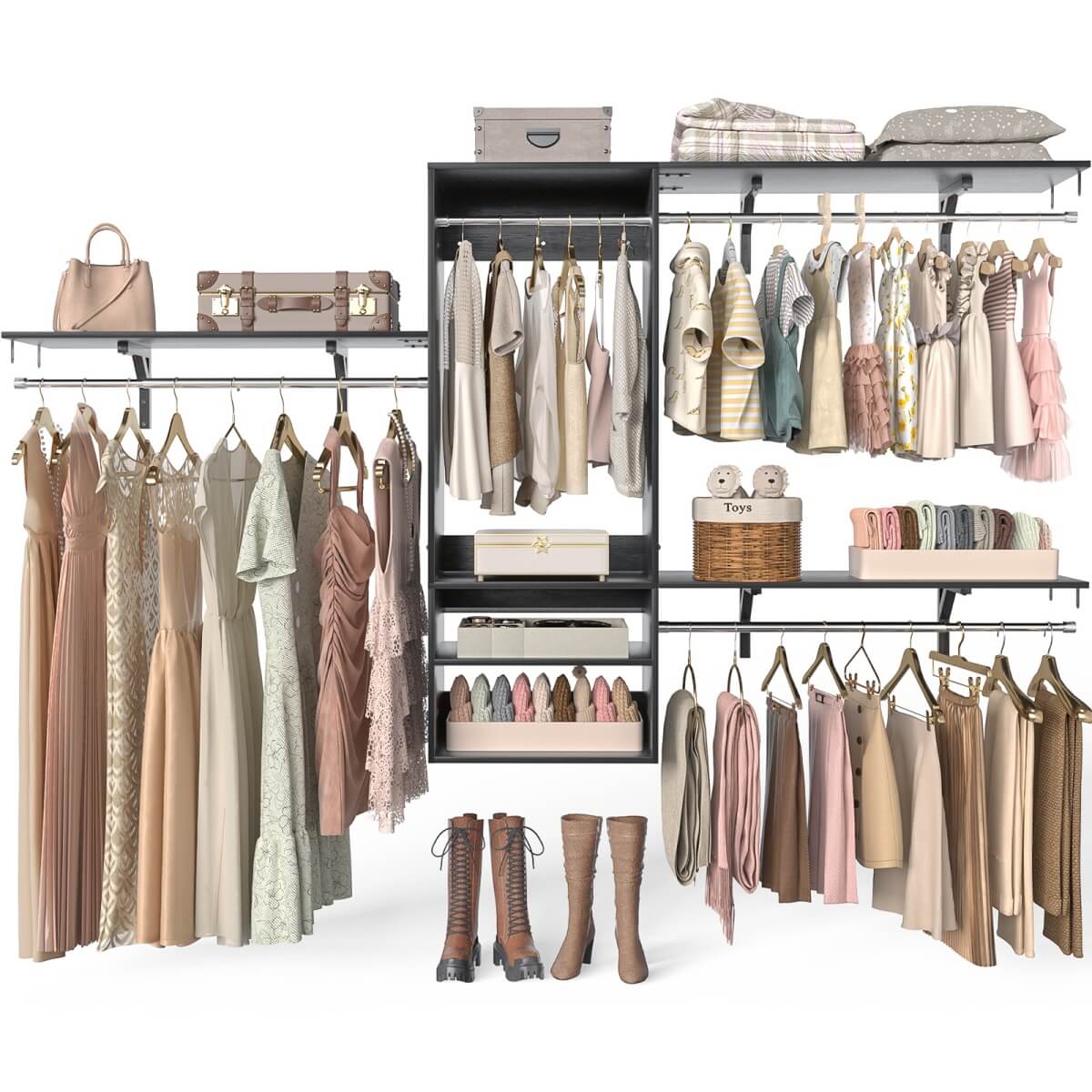 8FT Wall Mounted Hanging Closet System with 3 Shelving Towers