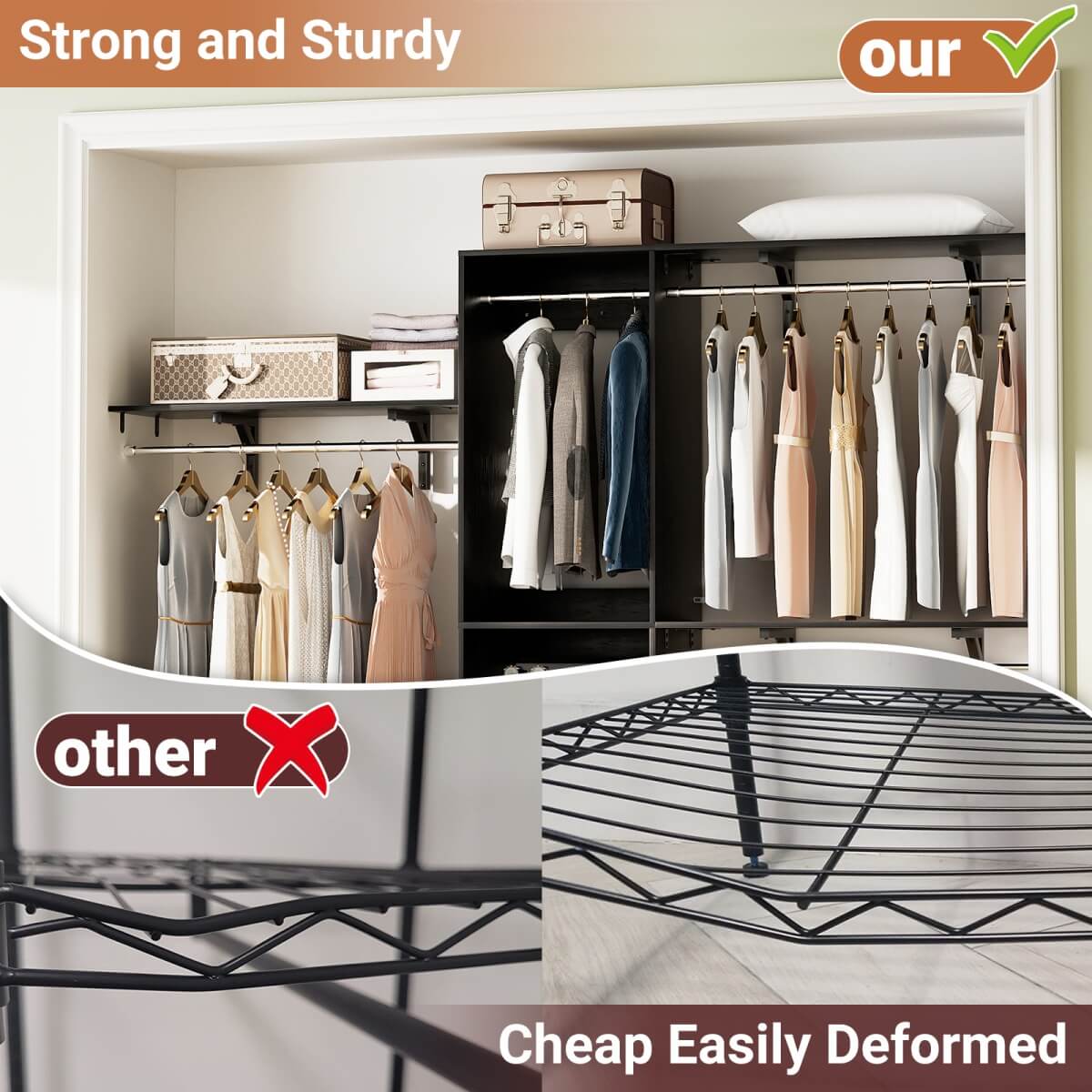 8FT Wall Mounted Hanging Closet System with 3 Shelving Towers