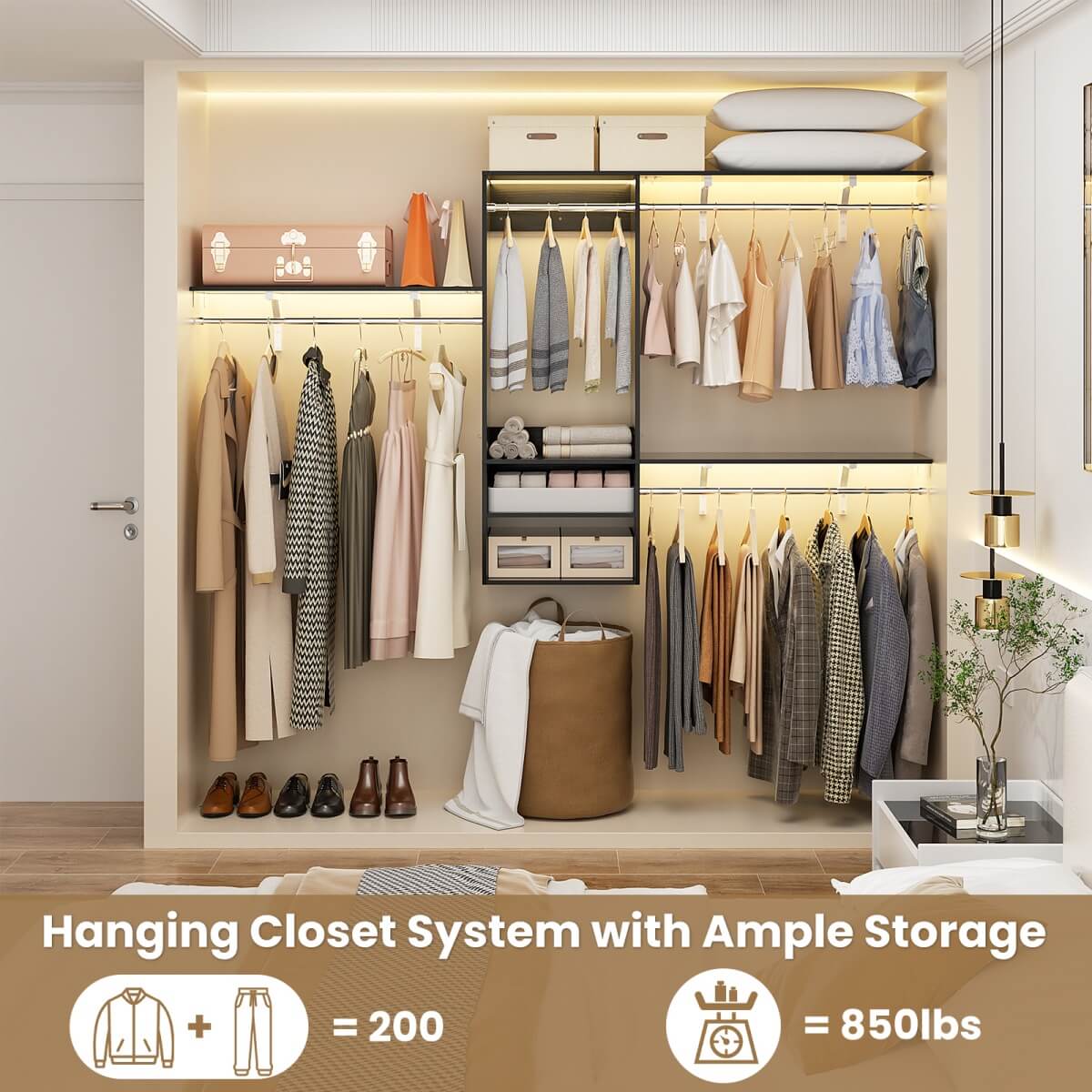 8FT Wall Mounted Hanging Closet System with 3 Shelving Towers