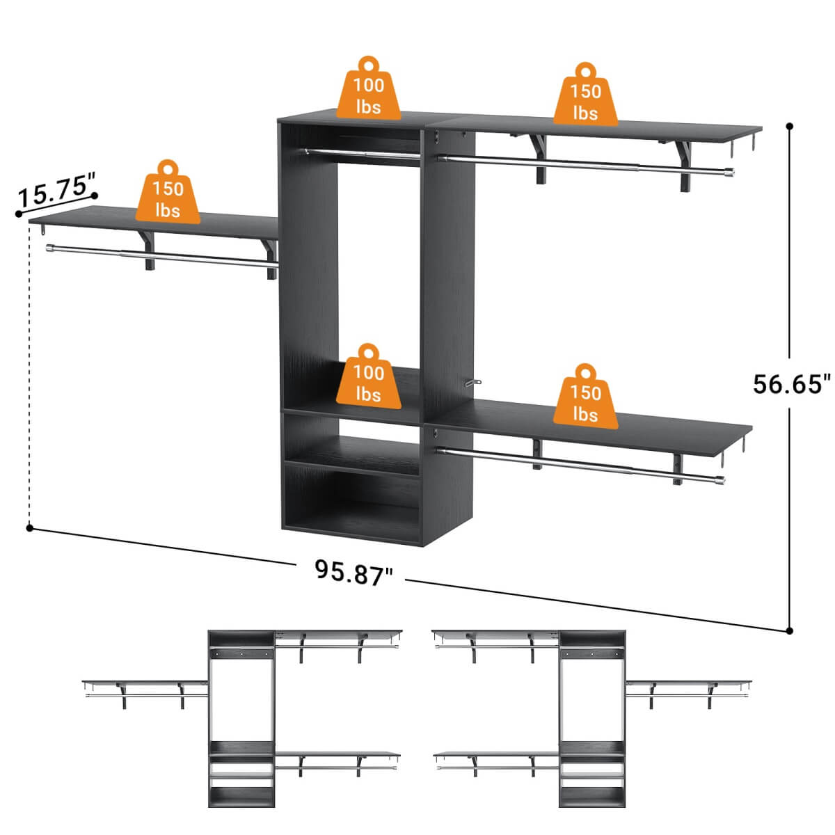 8FT Wall Mounted Hanging Closet System with 3 Shelving Towers