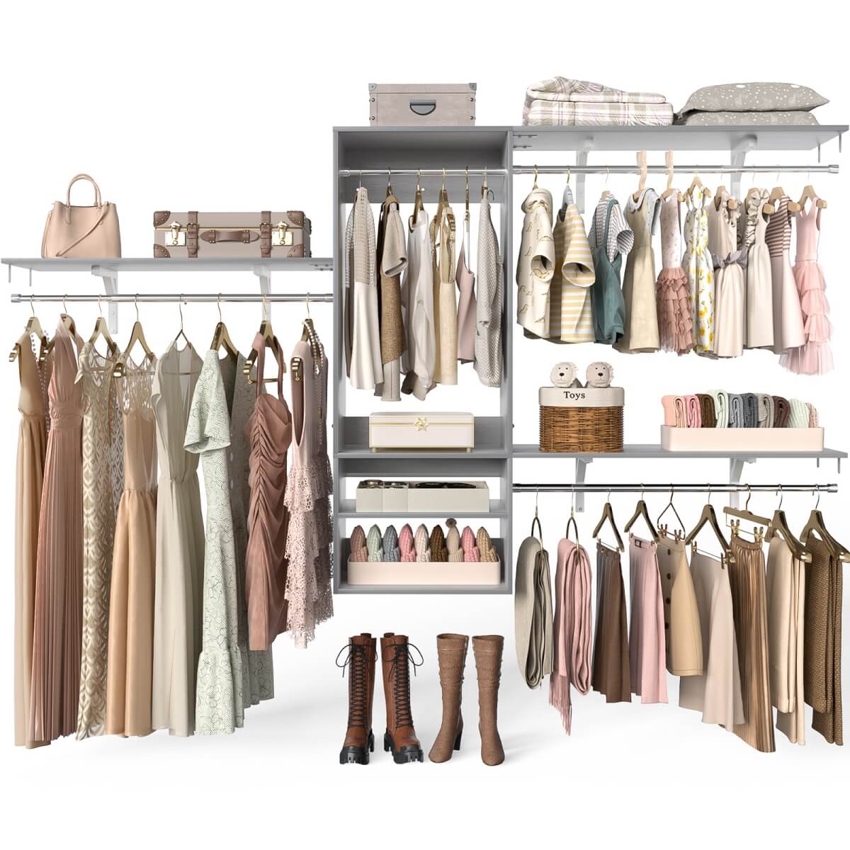 8FT Wall Mounted Hanging Closet System with 3 Shelving Towers