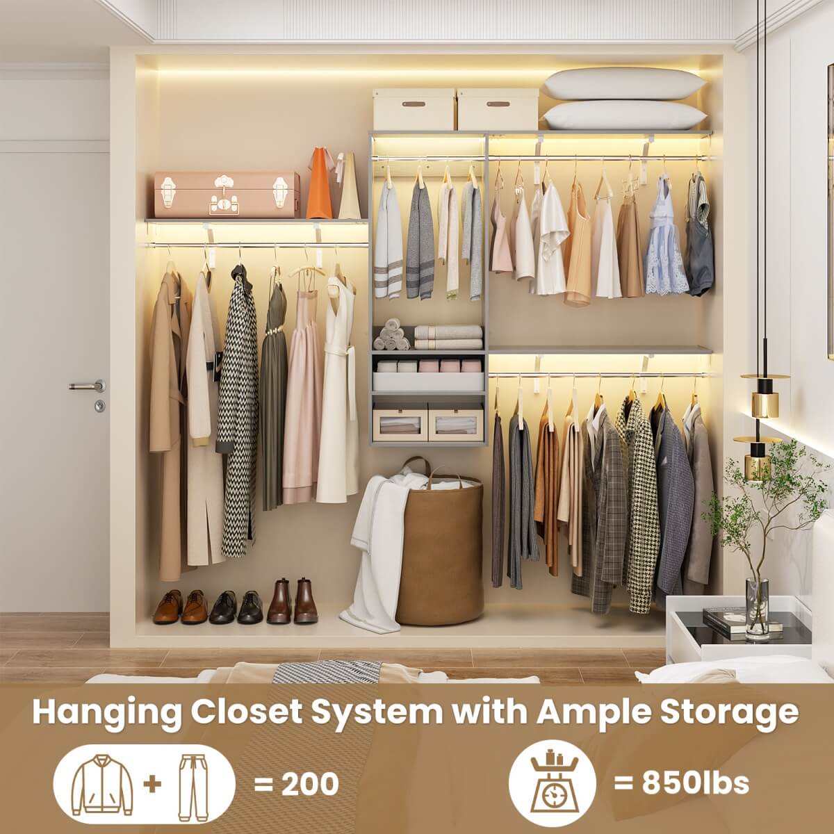 8FT Wall Mounted Hanging Closet System with 3 Shelving Towers
