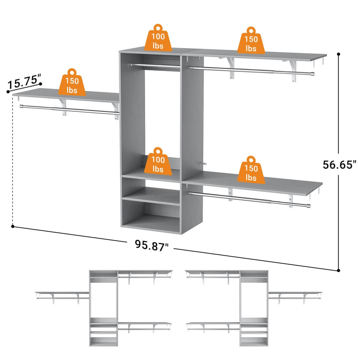 8FT Wall Mounted Hanging Closet System with 3 Shelving Towers