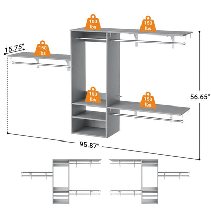 8FT Wall Mounted Hanging Closet System with 3 Shelving Towers