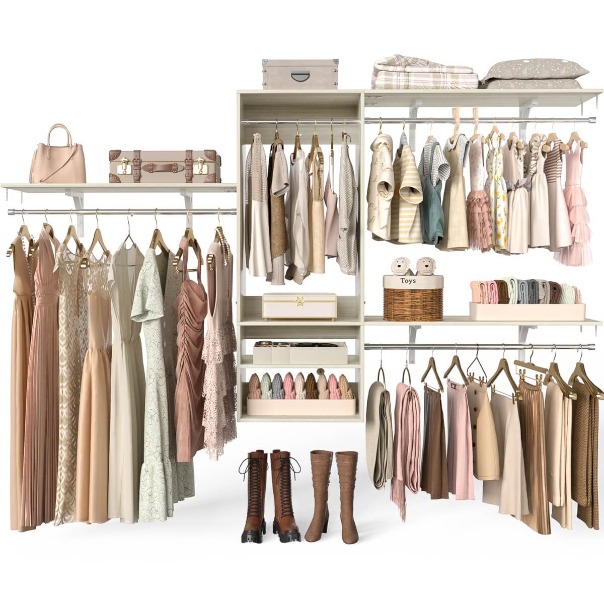 8FT Wall Mounted Hanging Closet System with 3 Shelving Towers