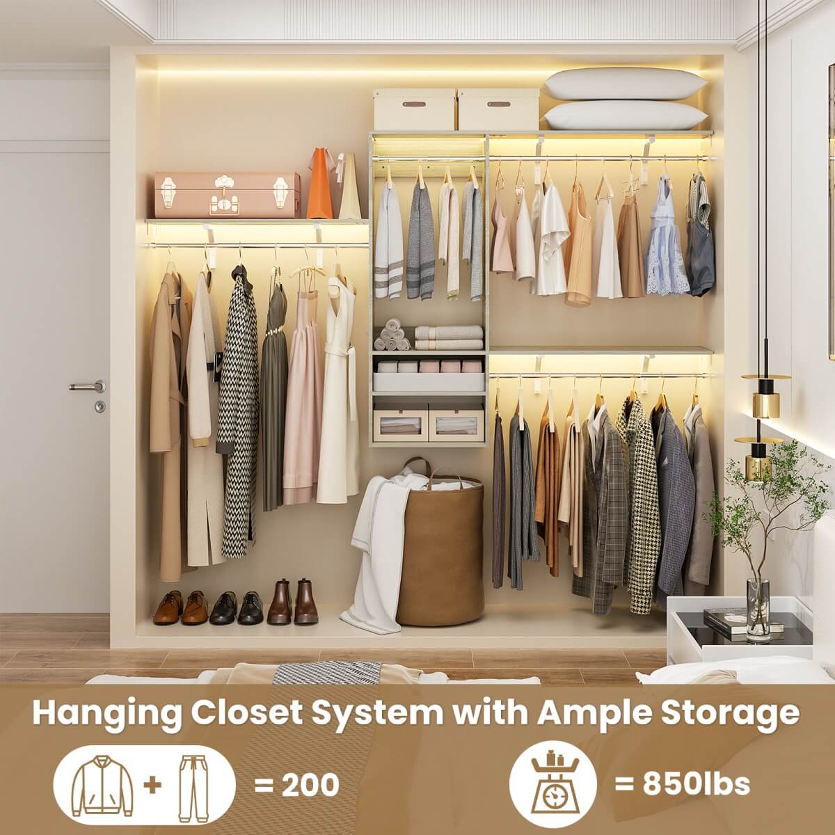 8FT Wall Mounted Hanging Closet System with 3 Shelving Towers