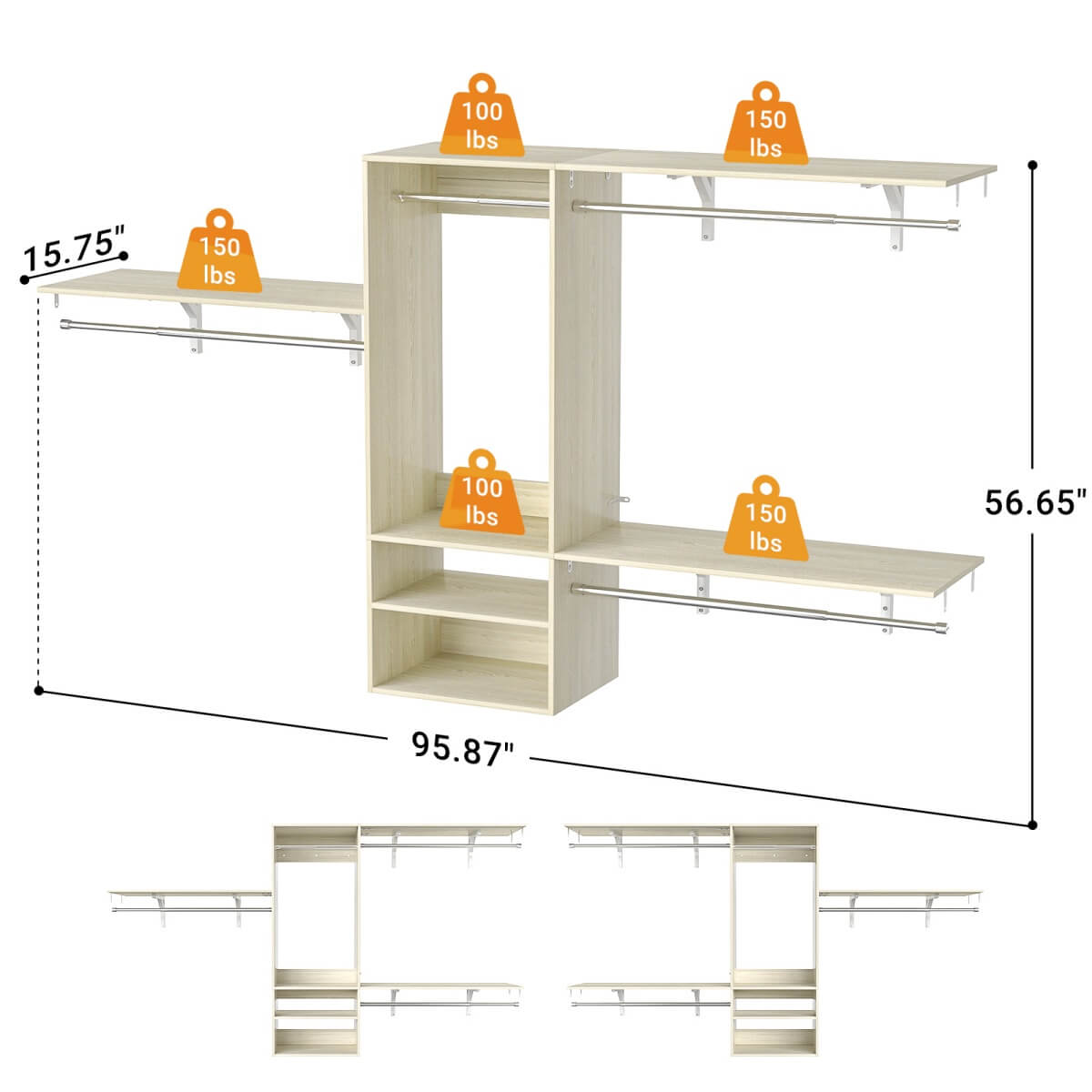 8FT Wall Mounted Hanging Closet System with 3 Shelving Towers