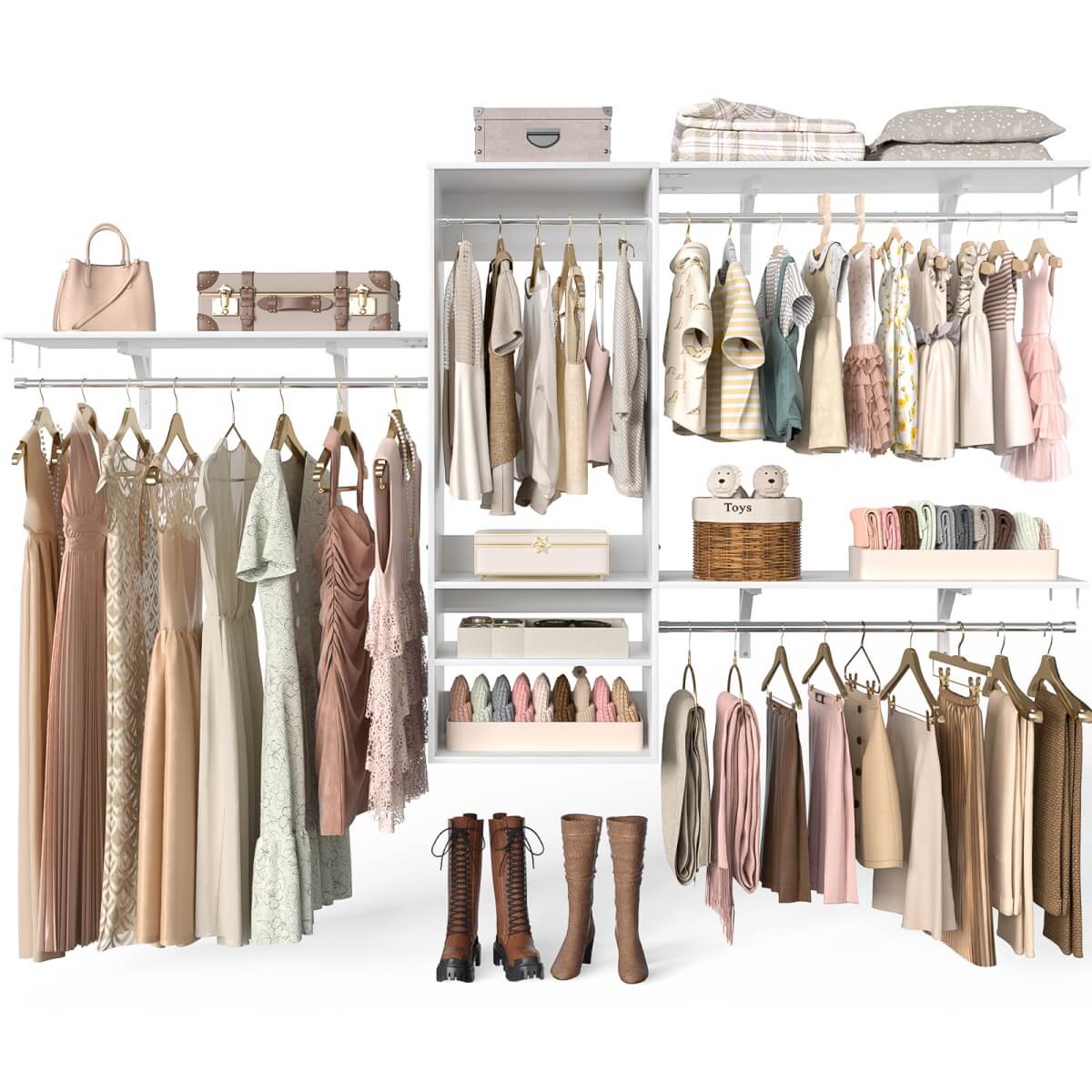 8FT Wall Mounted Hanging Closet System with 3 Shelving Towers