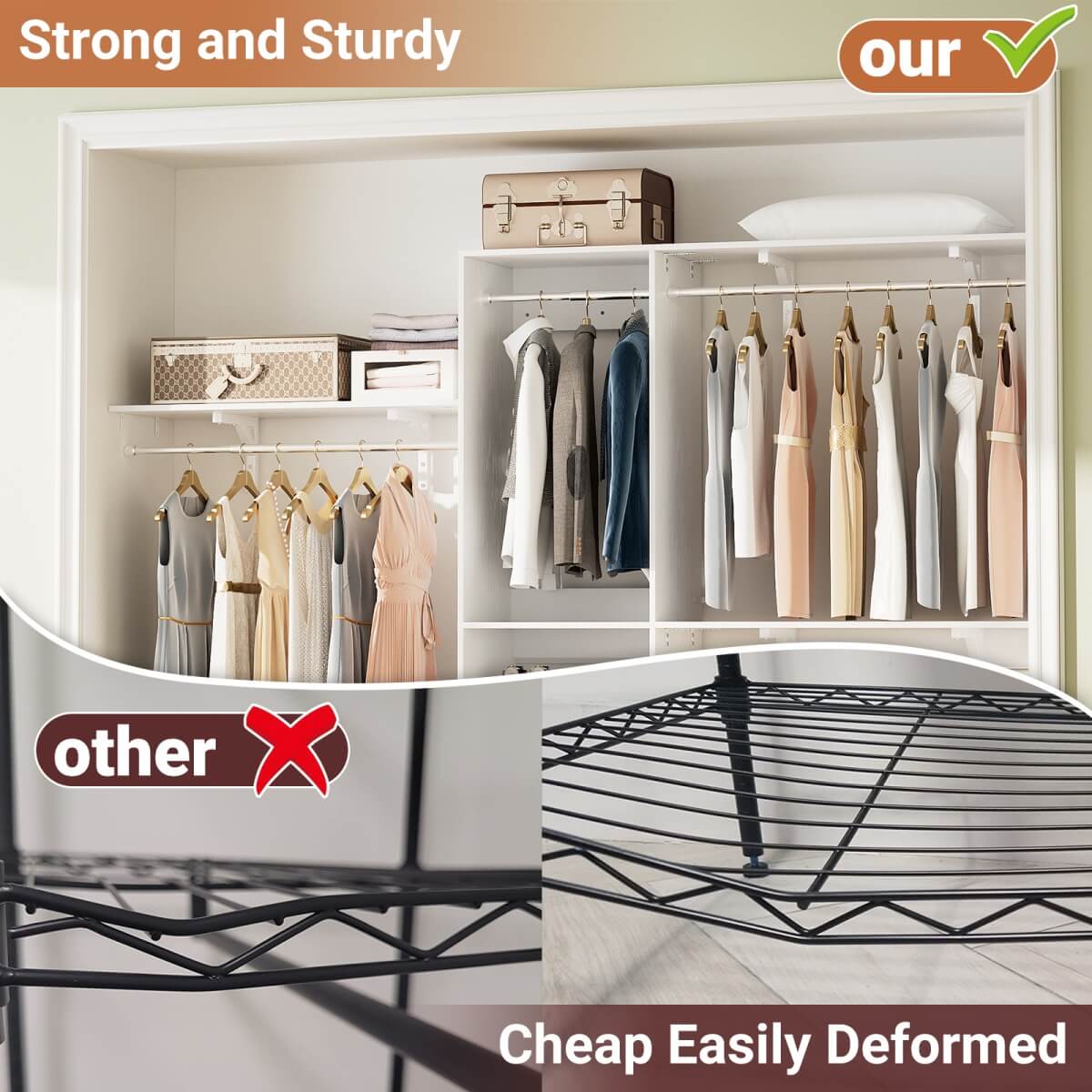 8FT Wall Mounted Hanging Closet System with 3 Shelving Towers