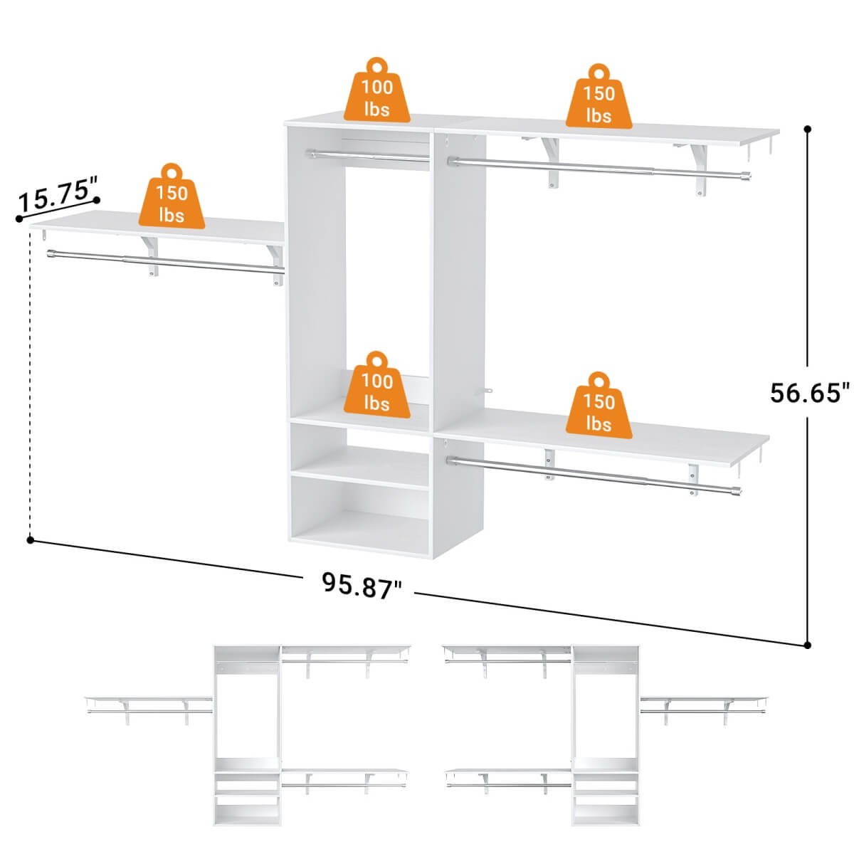 8FT Wall Mounted Hanging Closet System with 3 Shelving Towers