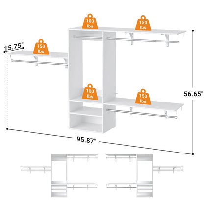 8FT Wall Mounted Hanging Closet System with 3 Shelving Towers