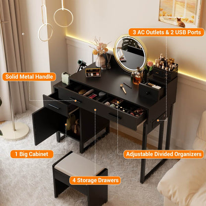 Makeup Vanity Desk with 4 Drawers, Built in Power Outlet
