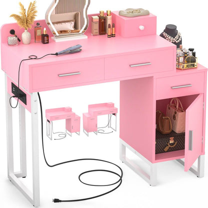 Makeup Vanity Desk with 4 Drawers, Built in Power Outlet