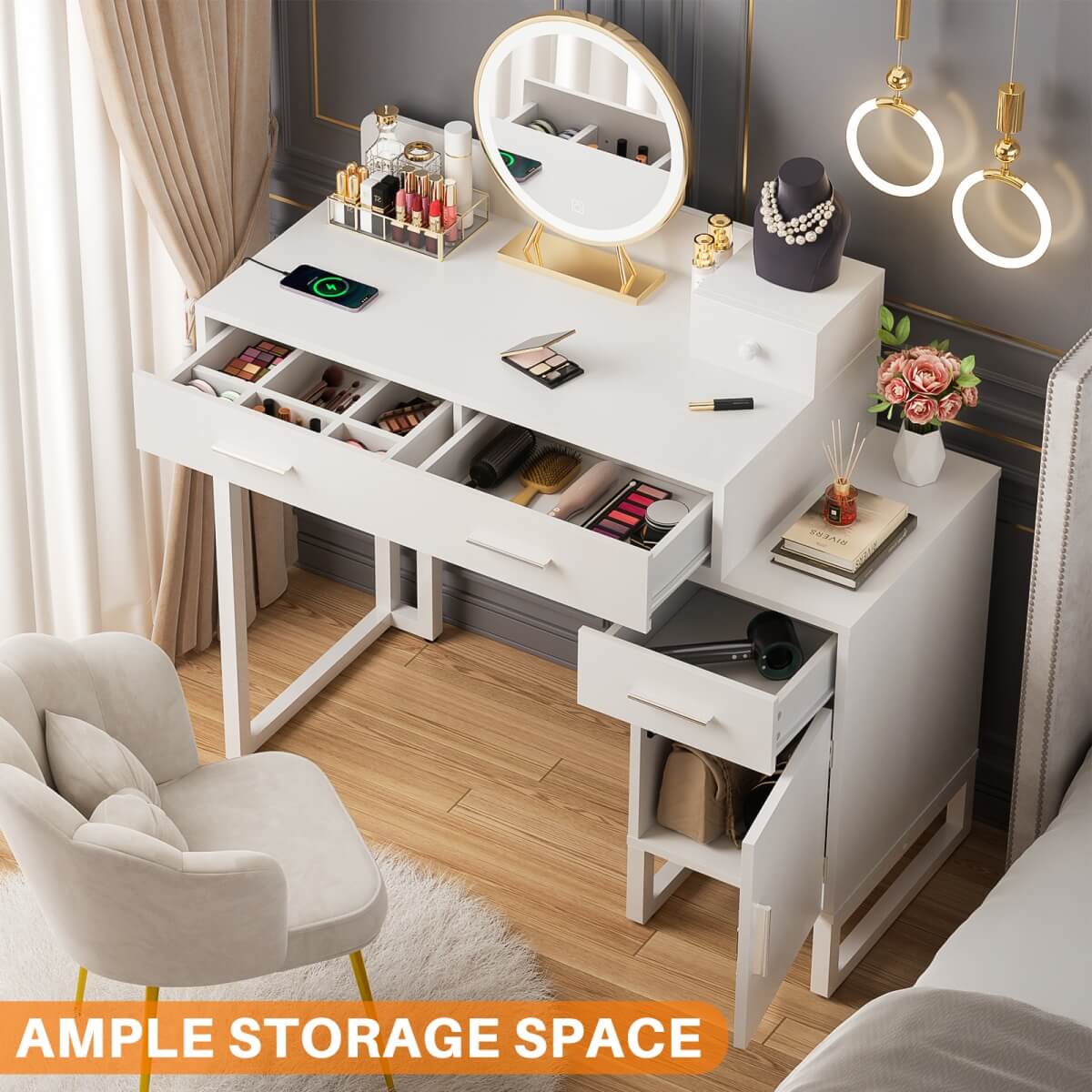 Makeup Vanity Desk with 4 Drawers, Built in Power Outlet