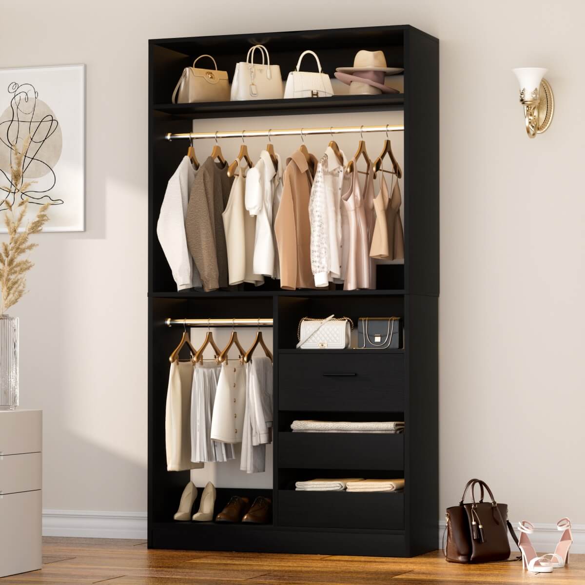 3FT Walk-in Closet System with 3 Drawers & Suitcase Storage