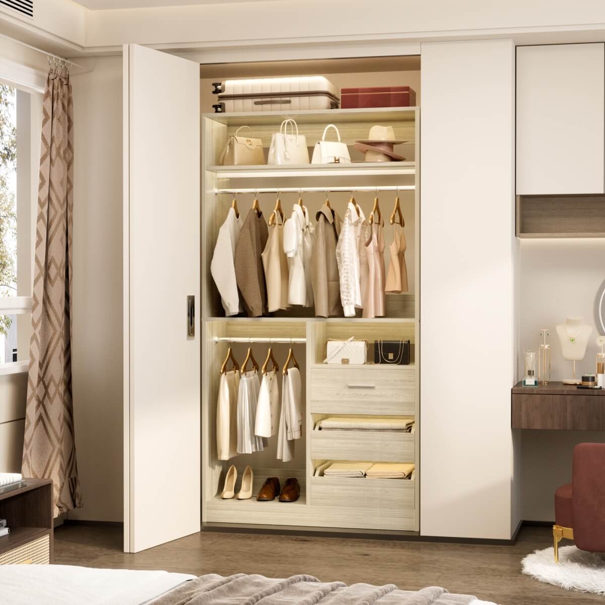 3FT Walk-in Closet System with 3 Drawers & Suitcase Storage