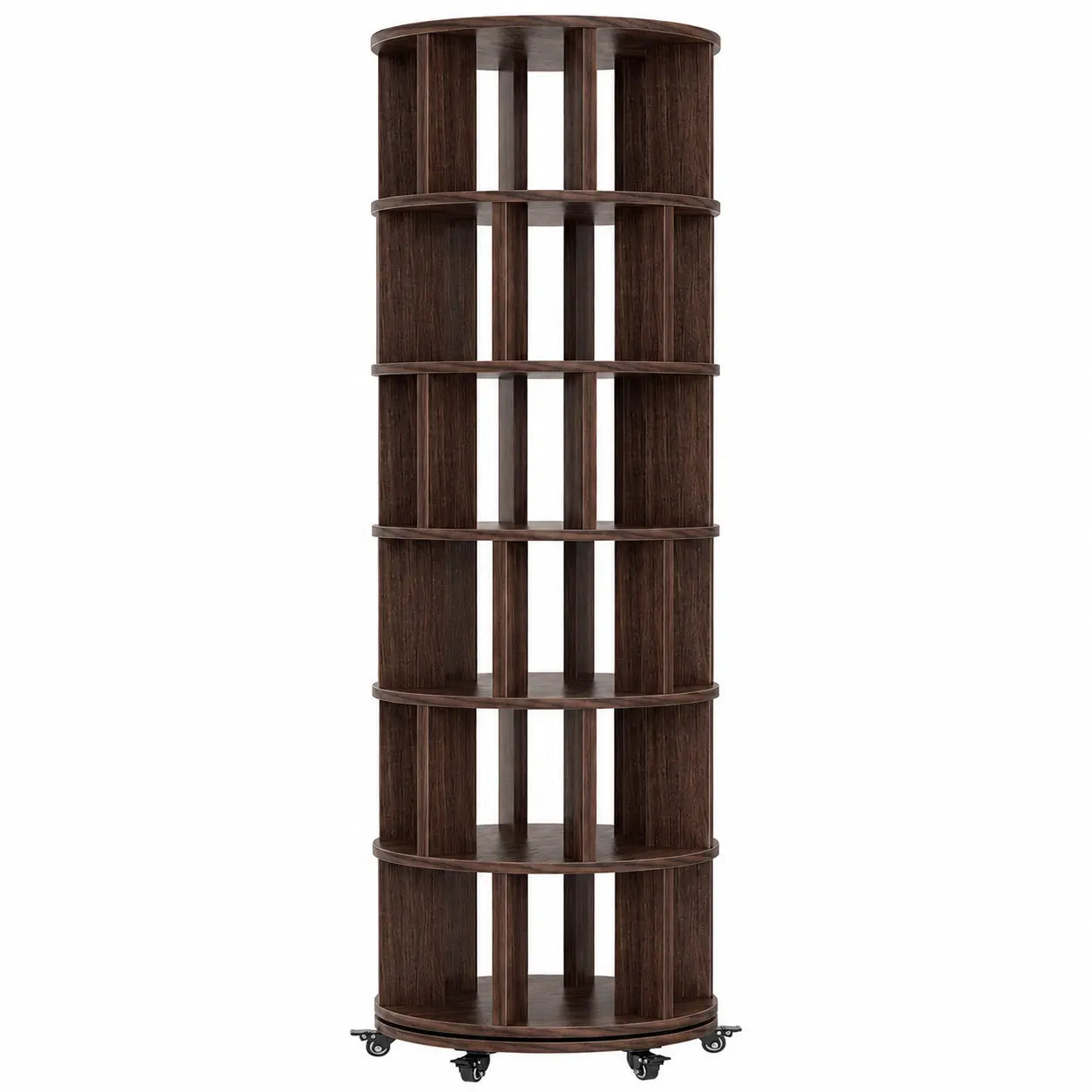 6 Tier Rotating Bookshelf Tower, Solid Wood 360° Spinning Book Shelf on Wheels