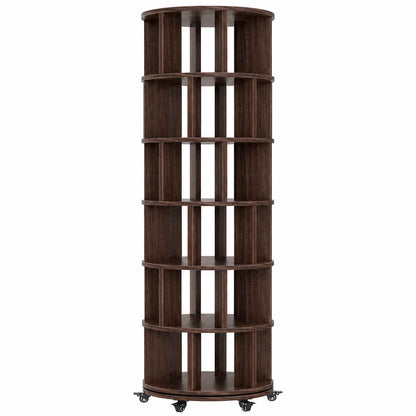 6 Tier Rotating Bookshelf Tower, Solid Wood 360° Spinning Book Shelf on Wheels