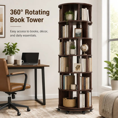 6 Tier Rotating Bookshelf Tower, Solid Wood 360° Spinning Book Shelf on Wheels