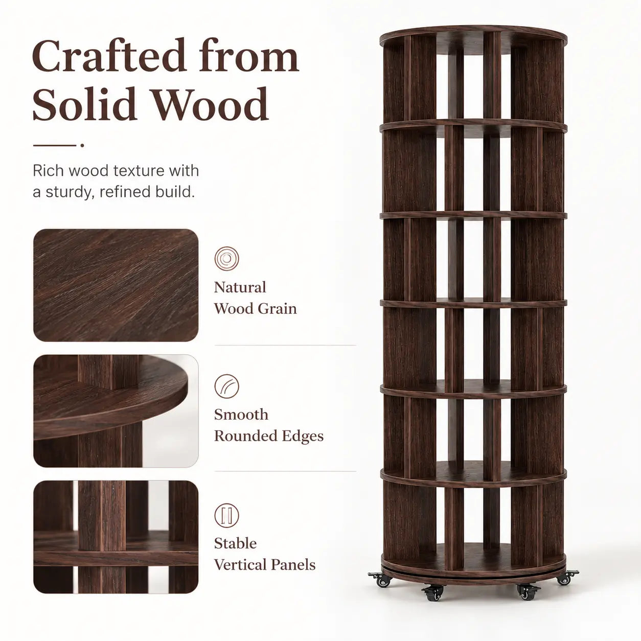 6 Tier Rotating Bookshelf Tower, Solid Wood 360° Spinning Book Shelf on Wheels