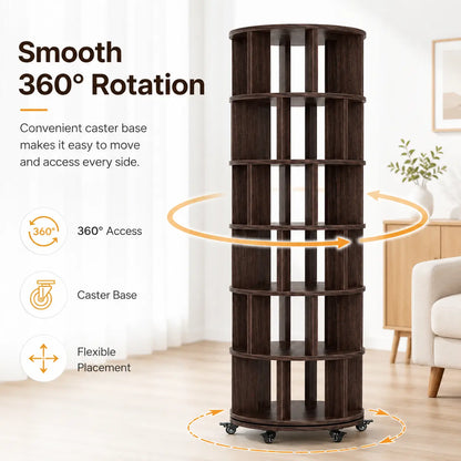 6 Tier Rotating Bookshelf Tower, Solid Wood 360° Spinning Book Shelf on Wheels