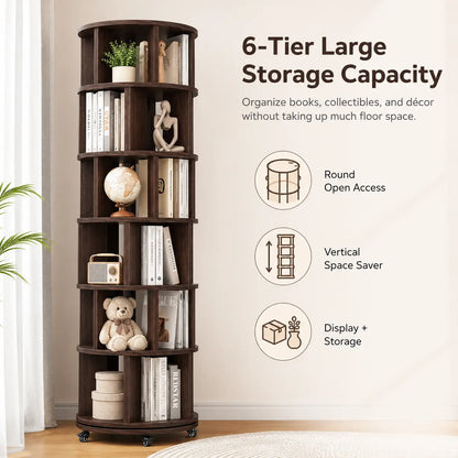 6 Tier Rotating Bookshelf Tower, Solid Wood 360° Spinning Book Shelf on Wheels