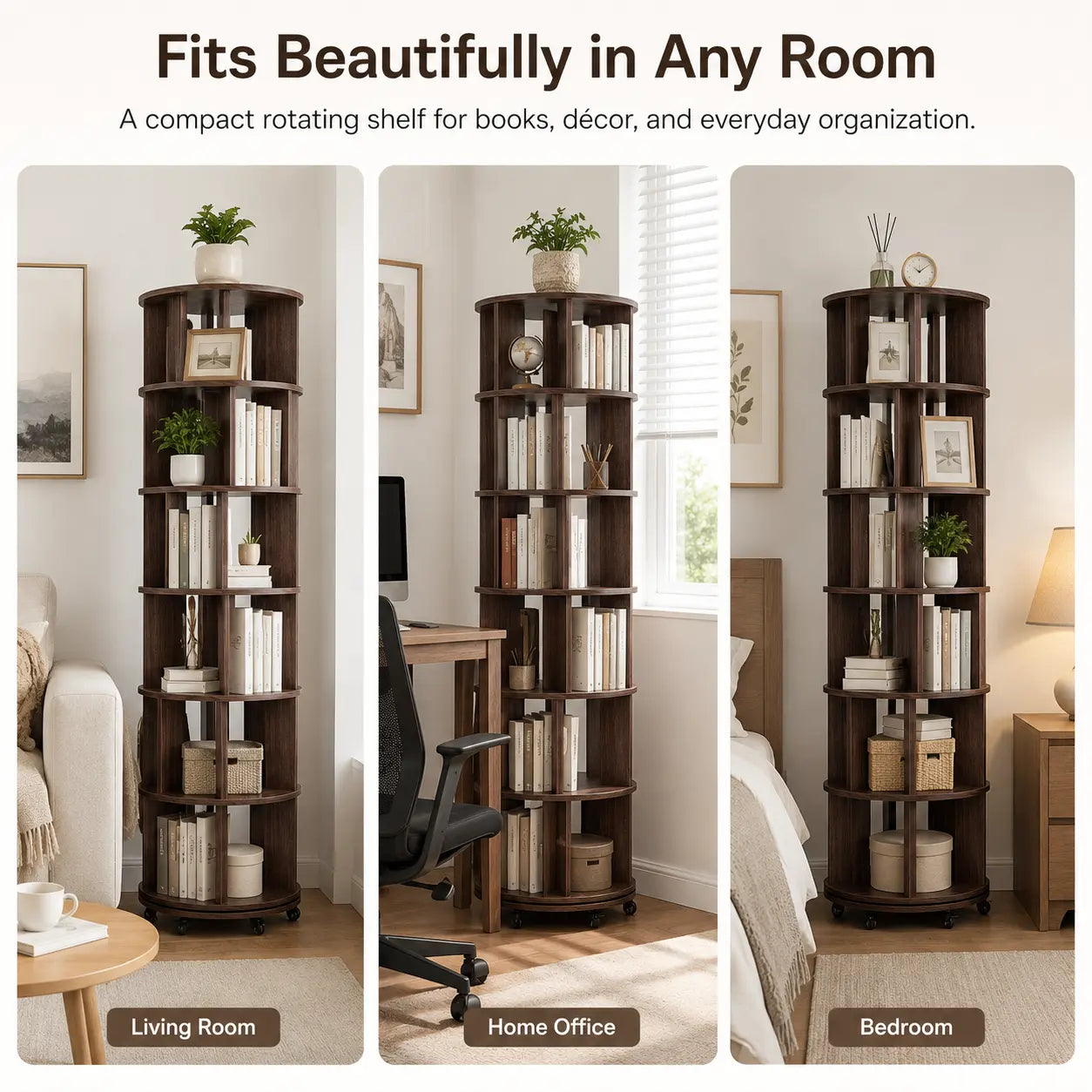 6 Tier Rotating Bookshelf Tower, Solid Wood 360° Spinning Book Shelf on Wheels