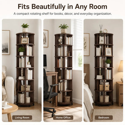 6 Tier Rotating Bookshelf Tower, Solid Wood 360° Spinning Book Shelf on Wheels