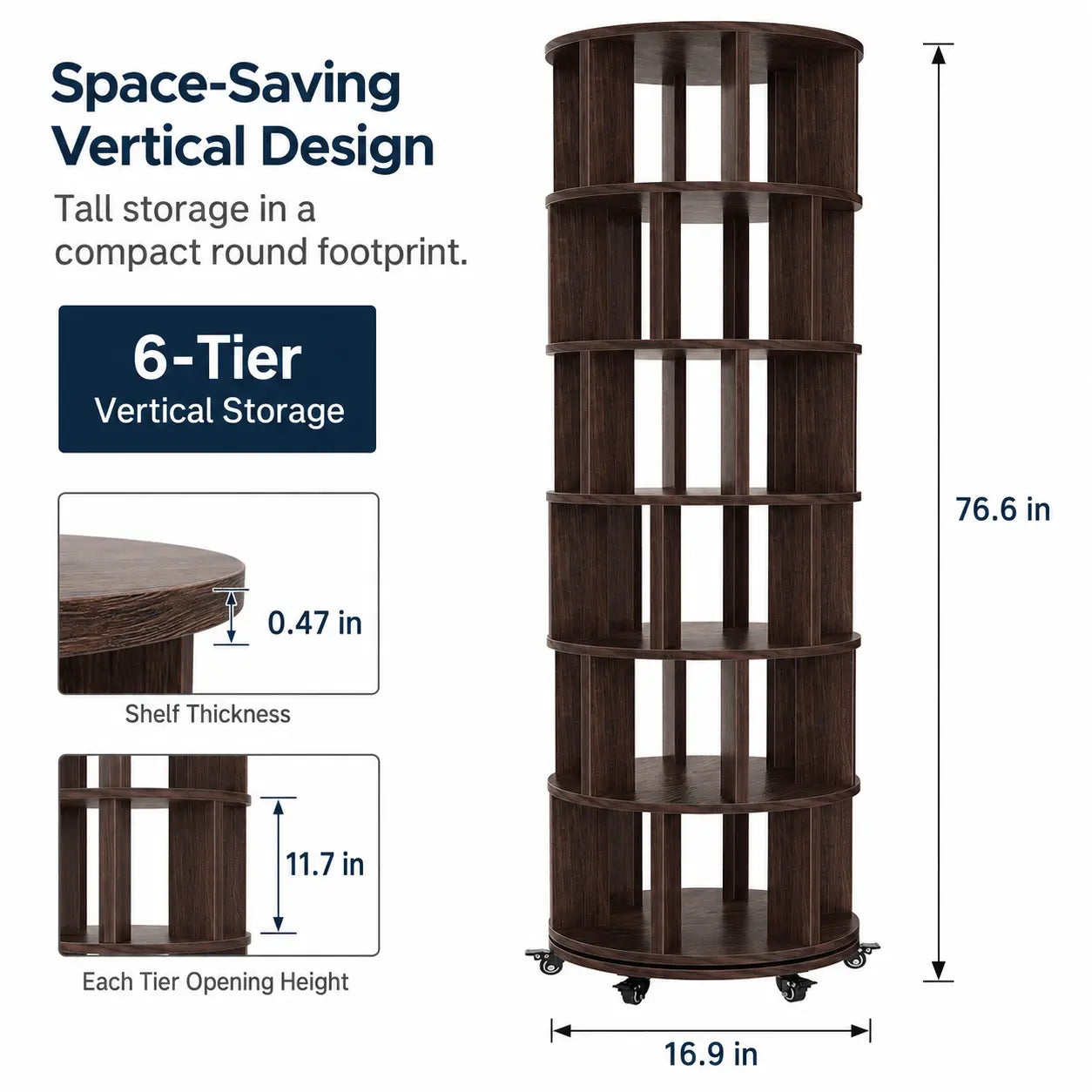6 Tier Rotating Bookshelf Tower, Solid Wood 360° Spinning Book Shelf on Wheels
