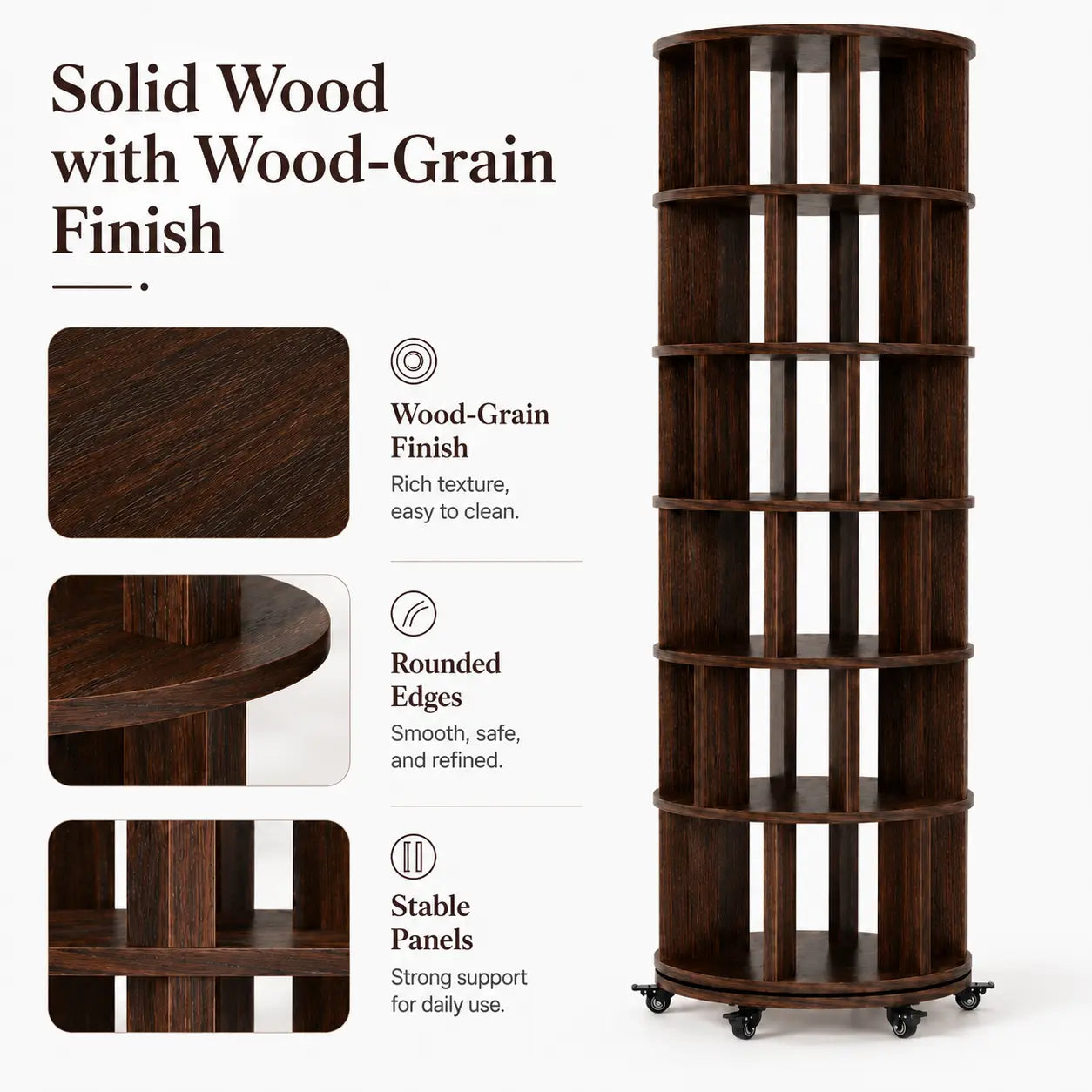 6 Tier Rotating Bookshelf Tower, Solid Wood 360° Spinning Book Shelf on Wheels