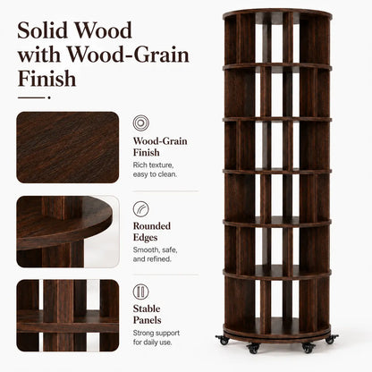 6 Tier Rotating Bookshelf Tower, Solid Wood 360° Spinning Book Shelf on Wheels