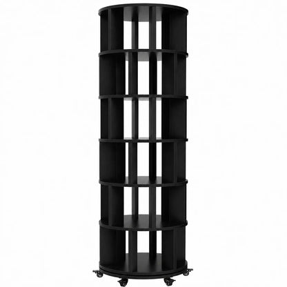 6 Tier Rotating Bookshelf Tower, Solid Wood 360° Spinning Book Shelf on Wheels
