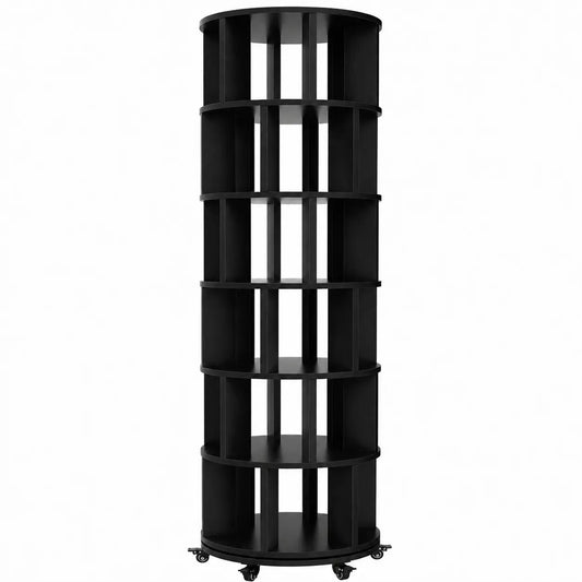 6 Tier Rotating Bookshelf Tower, Solid Wood 360° Spinning Book Shelf on Wheels