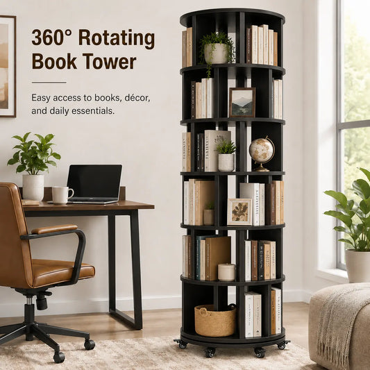 6 Tier Rotating Bookshelf Tower, Solid Wood 360° Spinning Book Shelf on Wheels