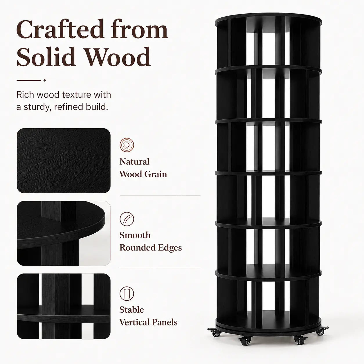 6 Tier Rotating Bookshelf Tower, Solid Wood 360° Spinning Book Shelf on Wheels