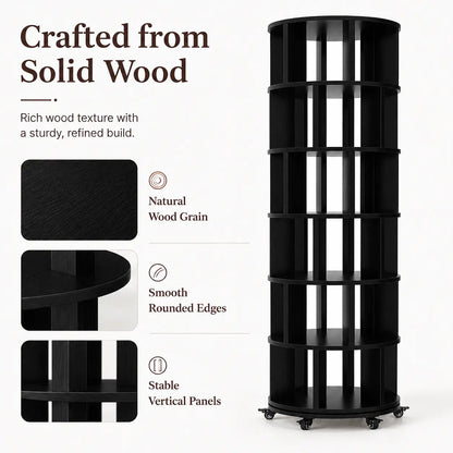 6 Tier Rotating Bookshelf Tower, Solid Wood 360° Spinning Book Shelf on Wheels