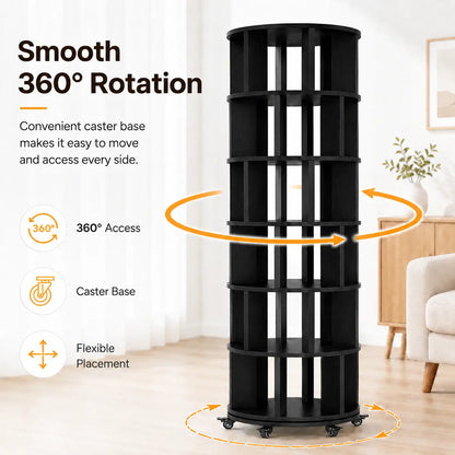 6 Tier Rotating Bookshelf Tower, Solid Wood 360° Spinning Book Shelf on Wheels