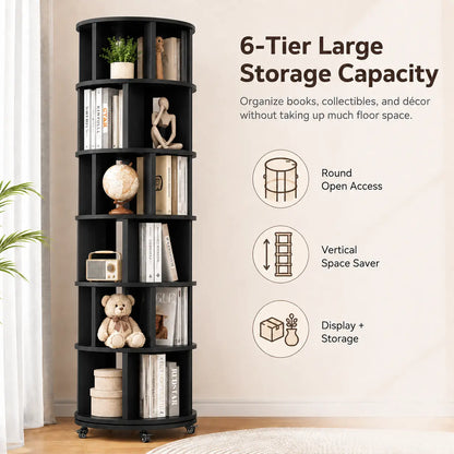 6 Tier Rotating Bookshelf Tower, Solid Wood 360° Spinning Book Shelf on Wheels